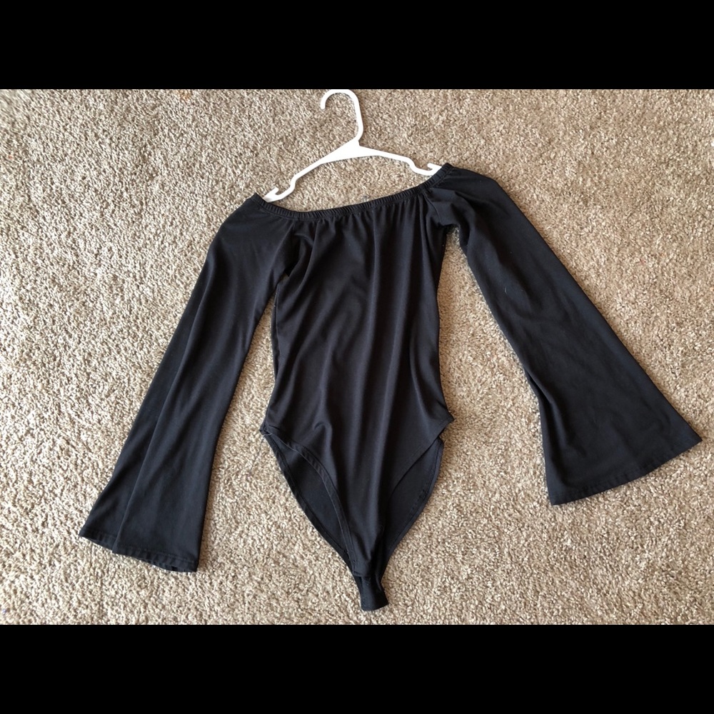 Black bell sleeve body suit, off the shoulder